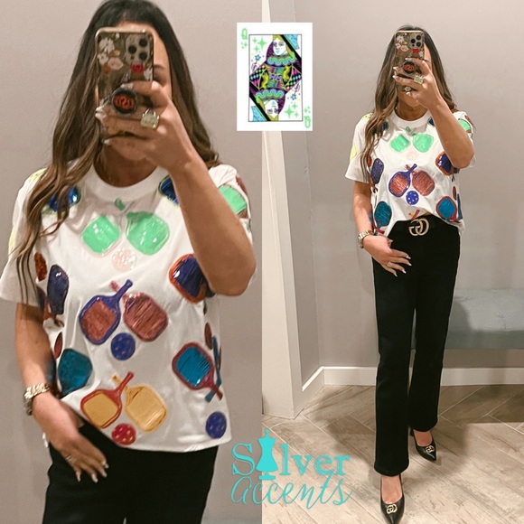 QUEEN OF SPARKLES Sequin PICKLEBALL Active Tee NWT - Picture 2 of 7